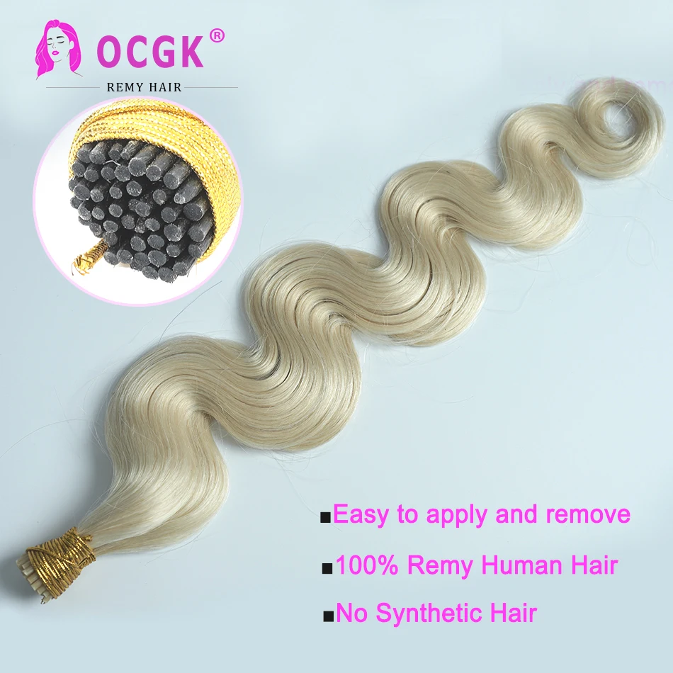 1001 # Extensioni per capelli I-Tip in capelli umani, ondulate, biondo platino, originali, per salone, con punte a I, capelli umani ondulati - immagine 2