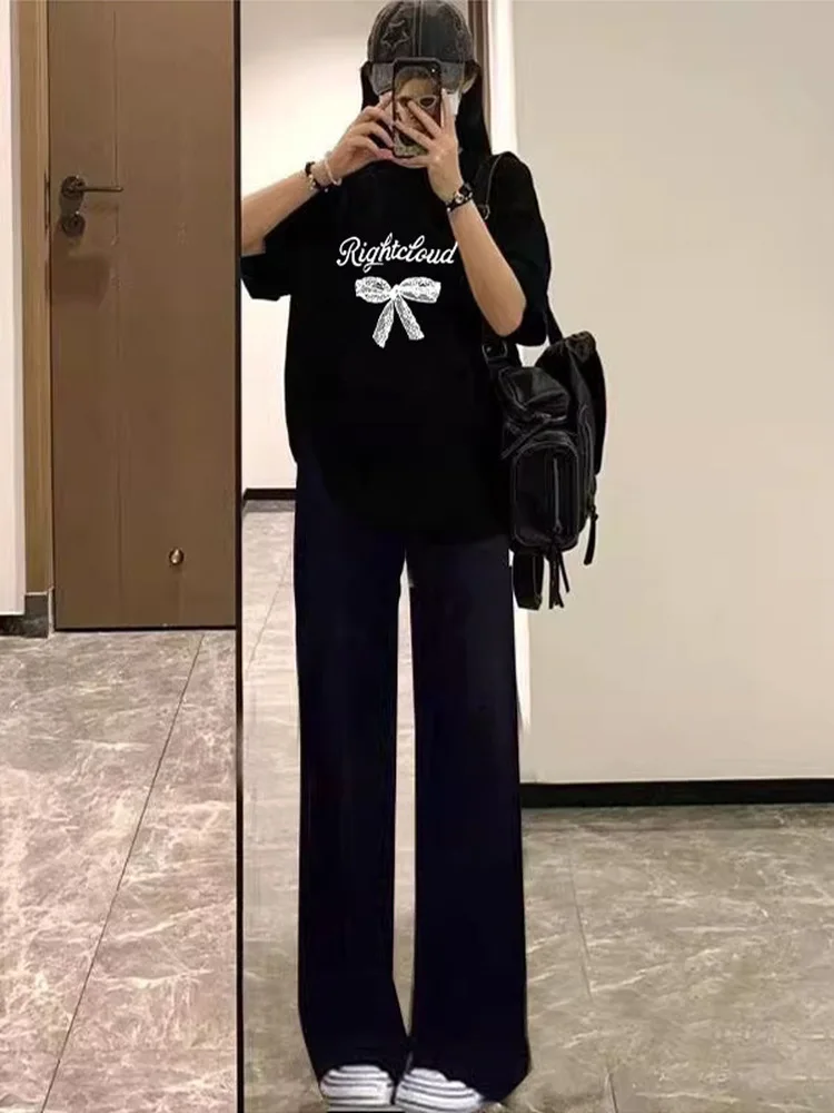 출산 여름 의상 느슨한 반팔 티셔츠 블랙 우아한 임신 배 커버 여성 세트 코튼 편안한