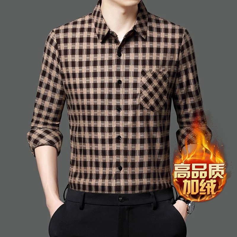 2023 Autumn Winter New Plaid Printing Fashion Turn-down Collar Shirt Man Casual Loose Button Plus Velvet Warm All-match Cardigan