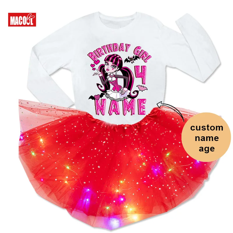 thumbnail image 1 of Conjunto de tutú y vestido para cumpleaños de niñas, traje de fiesta de cumpleaños de Monster High Boll, vestido ligero para fiesta de niñas, falda de 5 años, manga larga, 1 of 5