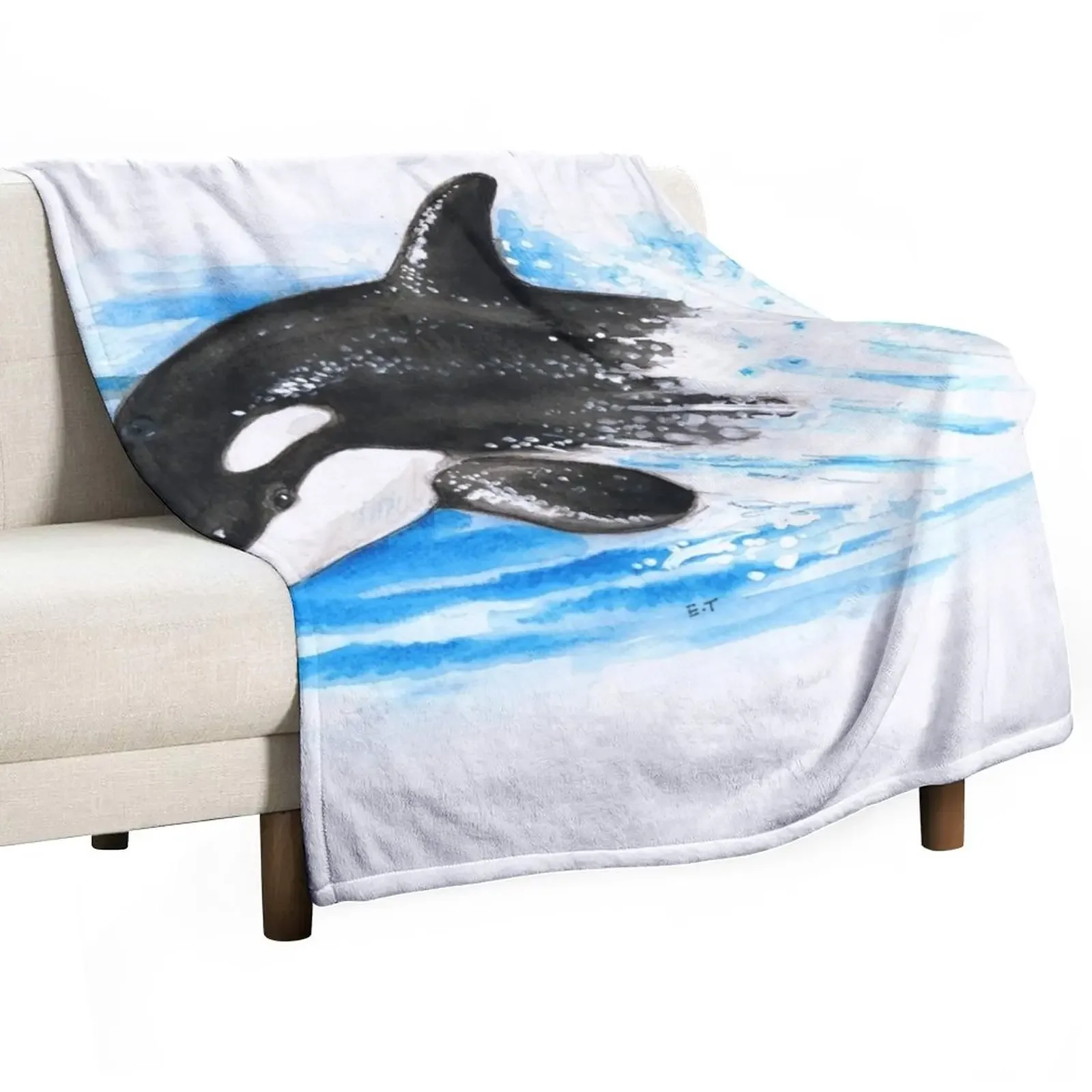 

Baby Orca Breaching Waves Watercolor Art Throw Blanket Bed Fashionable Loose Vintage Blankets For Sofas Blankets