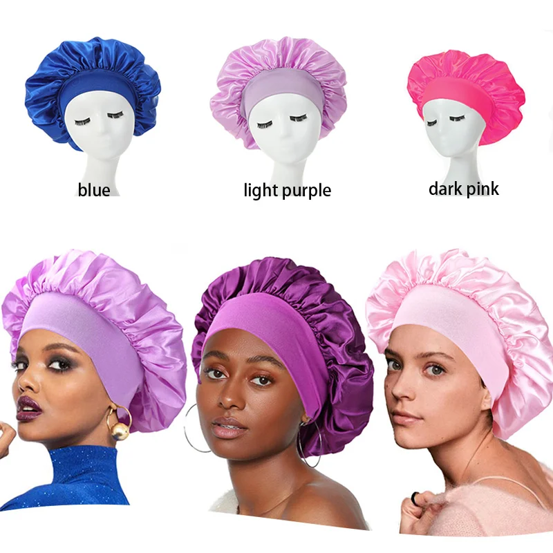 Satin Silk Hair Bonnets For Sleeping Black Widesoft Band Satin Sleep Cap For Women Hair Wrap Curly Baby Pink Showercap