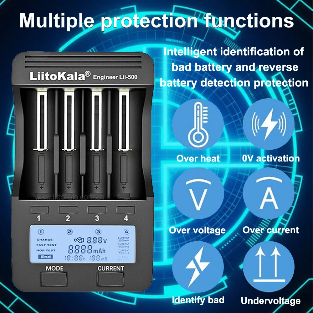 battery charger LiitoKala Lii-500 LCD 3.7V/1.2V AA/AAA 18650/26650/16340/14500/10440/18500 Battery Charger with Screen+12V2A Adapter