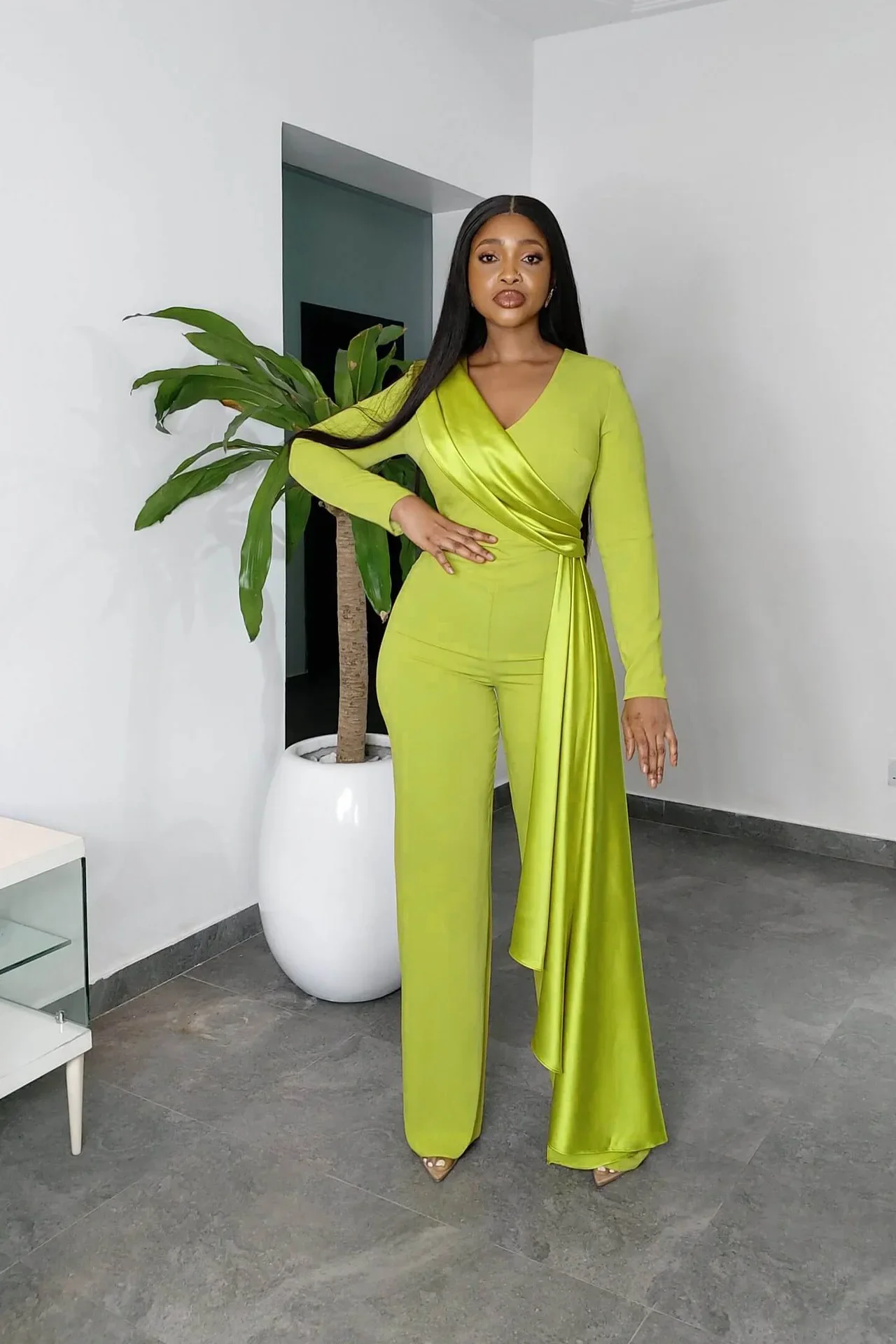 Spring Summer Fashion Satin Binding Wide Leg Jumpsuit African Women OL Casual V-neck Long Sleeve Straight Jumpsuit Women
