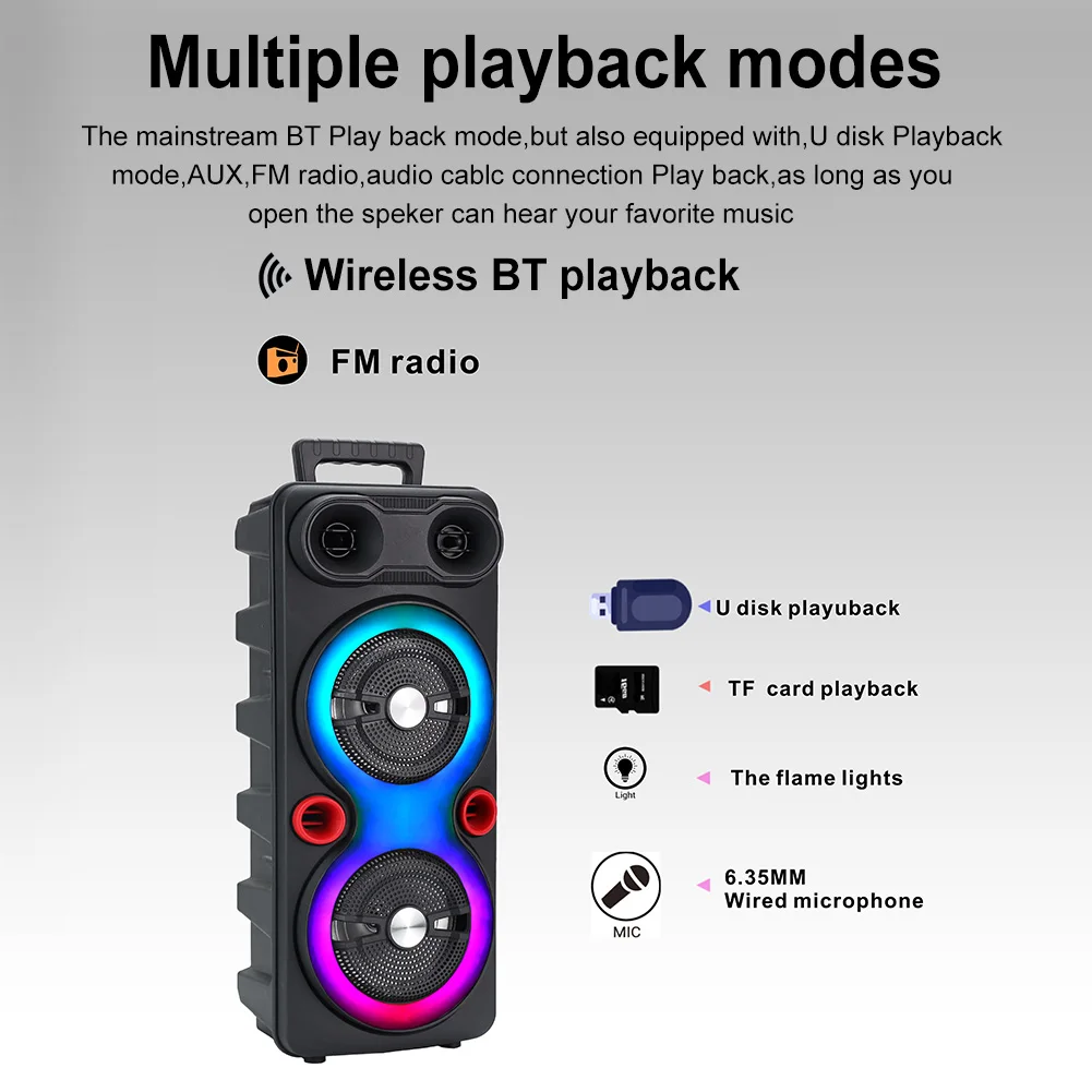 Dual Subwoofer Speakers Bluetooth-Compatible 5.0 6.5 Inch Stereo Subwoofer LED AUX Karaoke Machine Heavy Bass DJ System