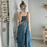 Cool Girl Style Embroidered Spicy Ink Denim Strap Jumpsuits Women's Autumn/Winter Large Loose and Slim Retro One Piece Pants - Image 3