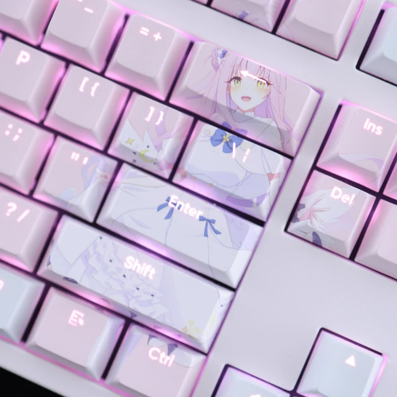 Anime Azul Arquivo Keycaps Grupo 108 Chaves Misono Mika Pbt Tintura Subbed Backlit Desenhos Animados Jogos Ansi 61 87 104 108 - Imagem 5