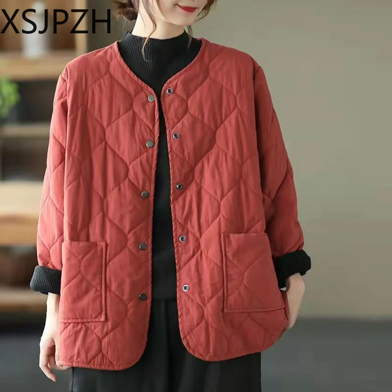 

Winter Crew Neck Jacket Women's 2024 New Korean Fashion Loose Fit Large Size Slim Clip Jacket Single Row Button Cotton Coat