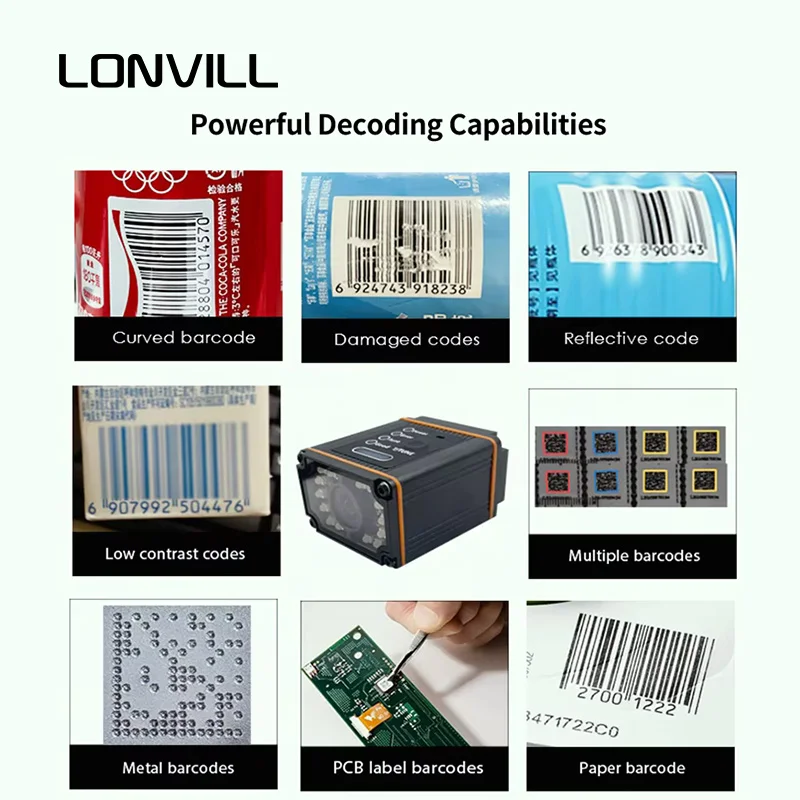 론빌 오토 커맨드 스캔 자동 데이터 매트릭스 코드39 EAN13 IP65 산업용 컨베이어 고정형 2D 코드 스캐너