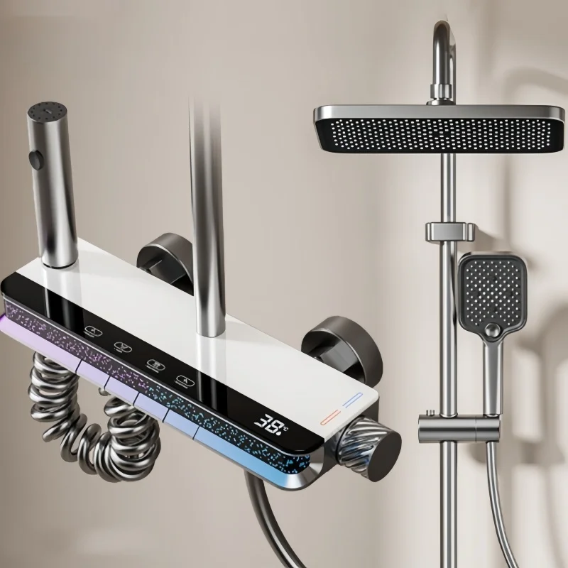 คีย์เปียโนระบบฝักบัวห้องน้ําชุดอ่างอาบน้ําก๊อกน้ําร้อนและเย็น LED Light ดิจิตอลก๊อกน้ําทองเหลืองชุดฝักบัว 1