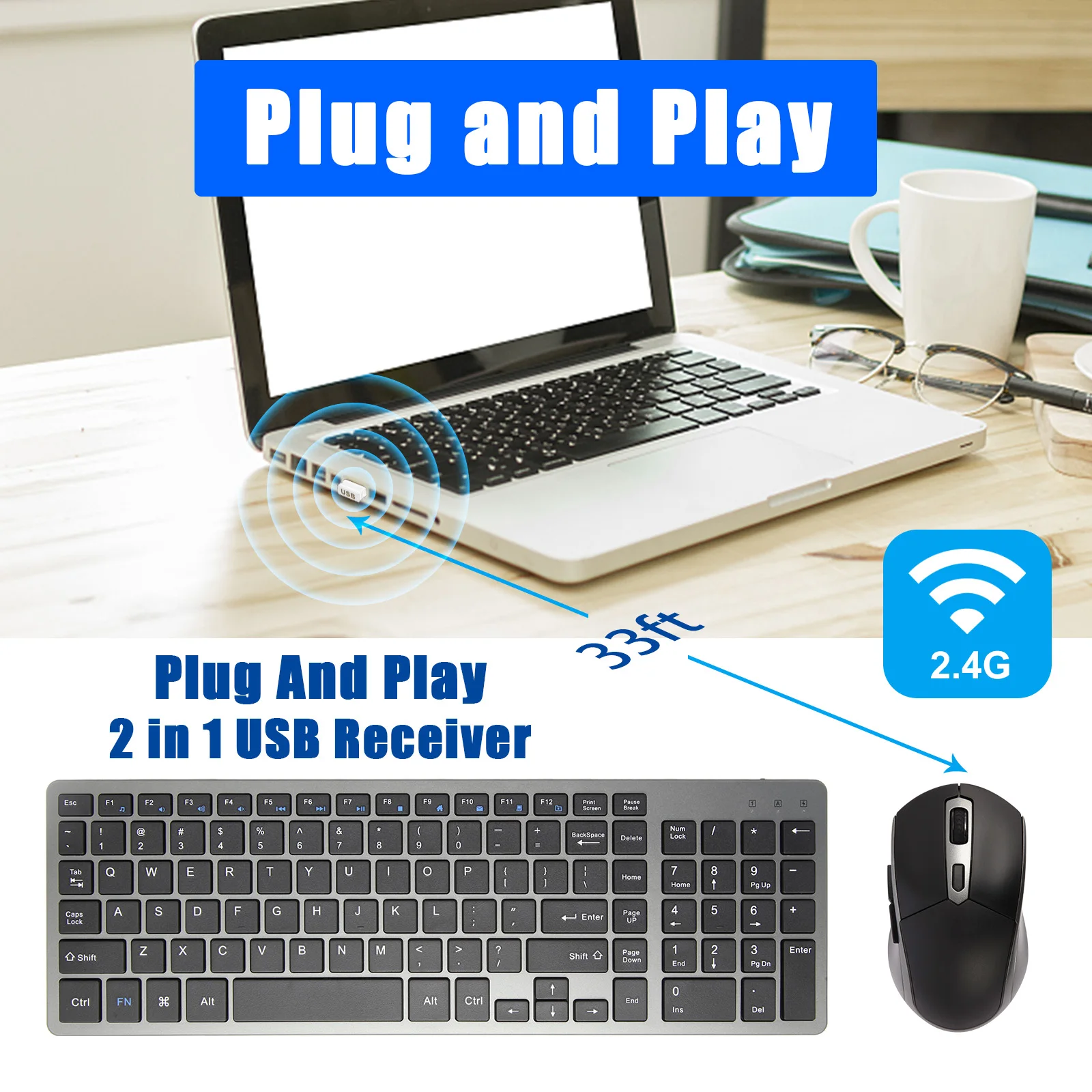 Teclado sem Fio Recarregável Teclado de Computador Silencioso Slim Russo Hebraico Coreano Eua Inglês 2.4g Usb Apto para Laptop pc Mac - Imagem 3
