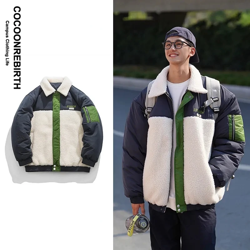 

Japanese Vintage Parkas Winter Men Woman Patchwork Lambwool Padded Jackets Y2k Harajuku Warm Thicken Oversize Puffer Coats