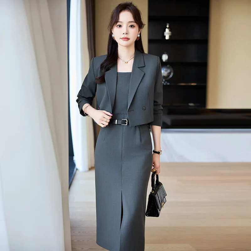 

Summer Women Suit Set 2 Piece Blazer+ Midi Vest Skirt Sexy 3/4 Long Sleeve Formal Office Lady Work Jacket Coat Prom Dress