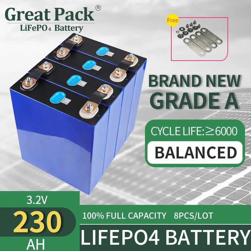 

8PCS 3.2V 230Ah 100% Full Capacity Brand New Grade A LiFePO4 Battery Cell Rechargeable Deep Cycle Lithium Ion Power Bank