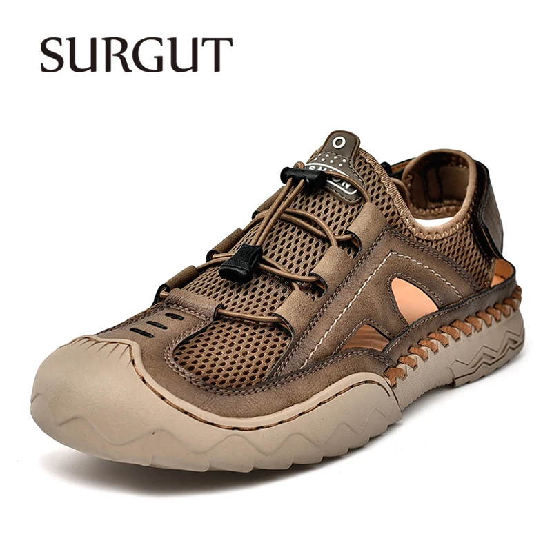 SURGUT Summer Men Shoes Mesh Leather Breathable Trend City Fashion Quick Drying Non Slip Outdoor Handmade Casual Shoes For Men