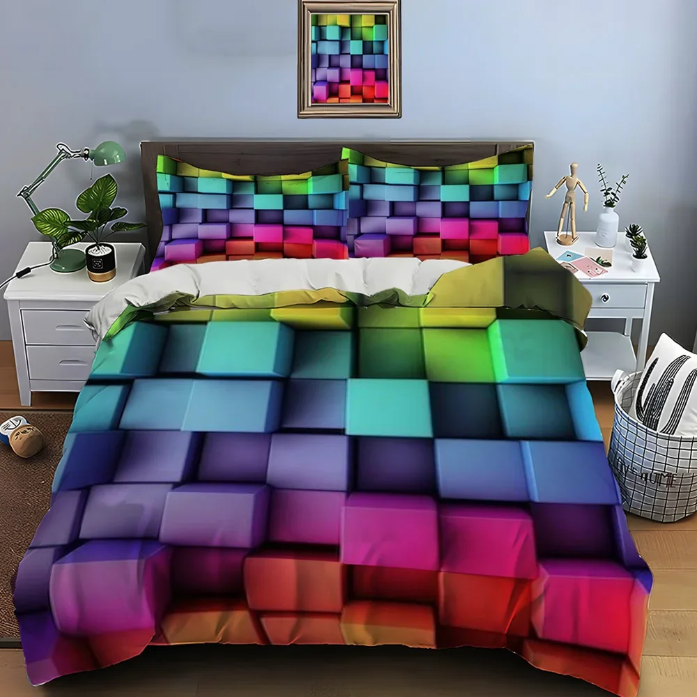 3D Honeycomb Square Gradient Color Print Bedding Set Duvet Cover 1 Duvet Cover 2 Pillowcases Adult and Kids Bedding Set Luxury