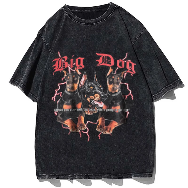 

New Heavy Wash T-shirt Doberman Pinscher Print Short Sleeve Tshirt Men's and Women's Trendy Hip Hop Clothing Streetwear Top Tees
