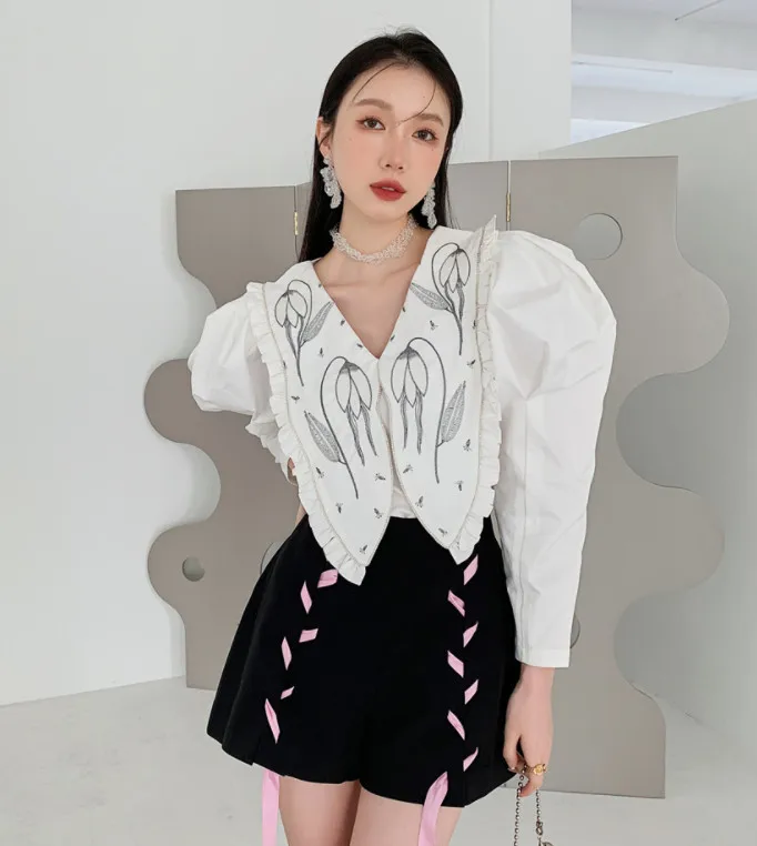 

ZCSMLL Spring 2022 Womens Fashion Puff Sleeve Blouse White Long Sleeve Top Collared Rhinestone Shirt Designer Clothing