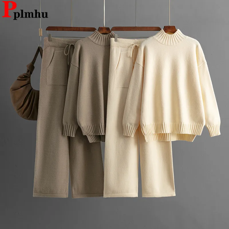 Winter Thick Knitted 2 Piece Sets for Women Half Turtleneck Sweater Blouse Tops High Waist Outfit