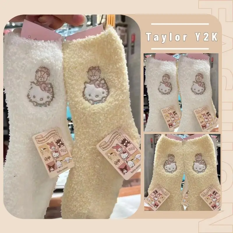

Sanrio Hello Kitty Plush Socks Anime Figure Y2K Sweet Girl Sleep Stockings Fashion Cartoon Embroidery Coral Flour Floor Socks