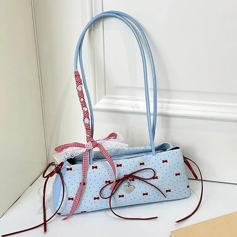 Sweet Y2K Shoulder Bag INS Floral Lace Bow Print Handbag Contrast Color Cute Women's Shoulder Bag