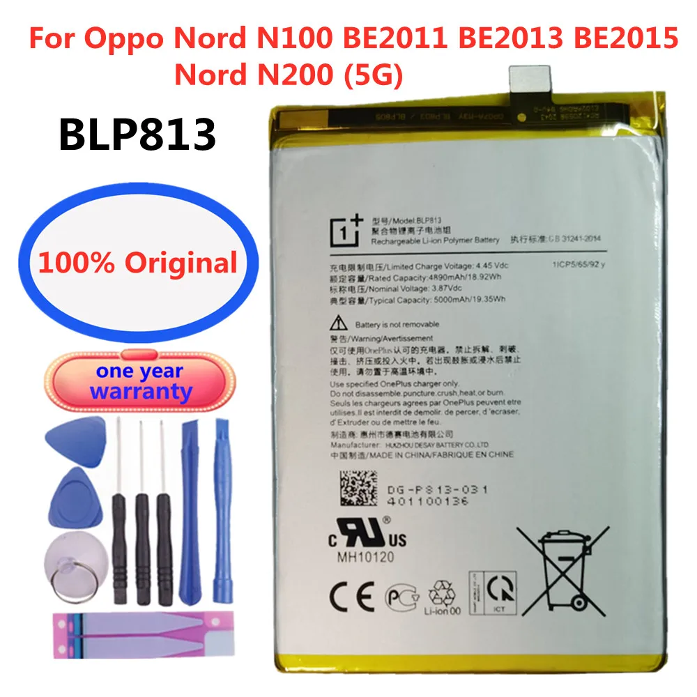 

Оригинальный аккумулятор BLP813 на 5000 мА · ч для Oppo Nord N100 BE2011 BE2013 BE2015 / Nord N200 5G сменная батарея батареи + Инструменты