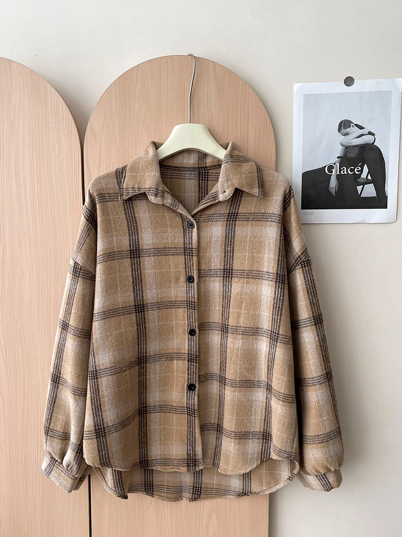 נשים העליון בגודל מלא פלנל שרוולים ארוכים כפתור קולארד חתוך חולצה מעיל טרטן חולצה ז 'קט נערה סתיו חורף תלבושת מזדמנים