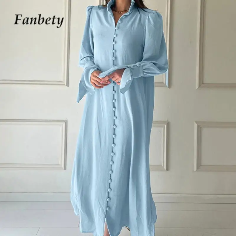 

Fashion Solid Color Long Sleeve Loose Dress French Stand Collar Single-Breasted Long Dress Autumn Lady Casual Split Shirt Dress