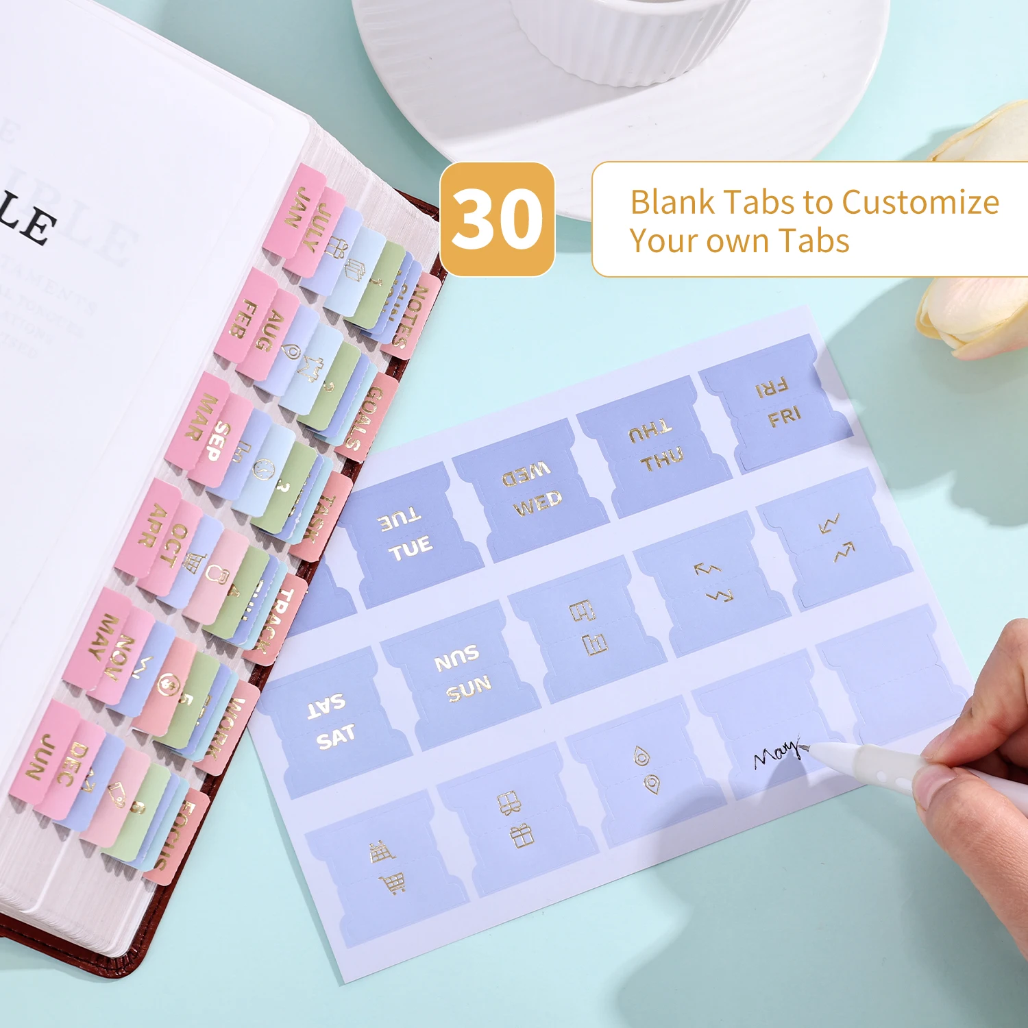 105 Separatori per Planner in Colori Pastello, Indici con Foglia d'Oro e Pagine Vuote, Separatori Autoadesivi Laminati per Diari e Agende - immagine 4