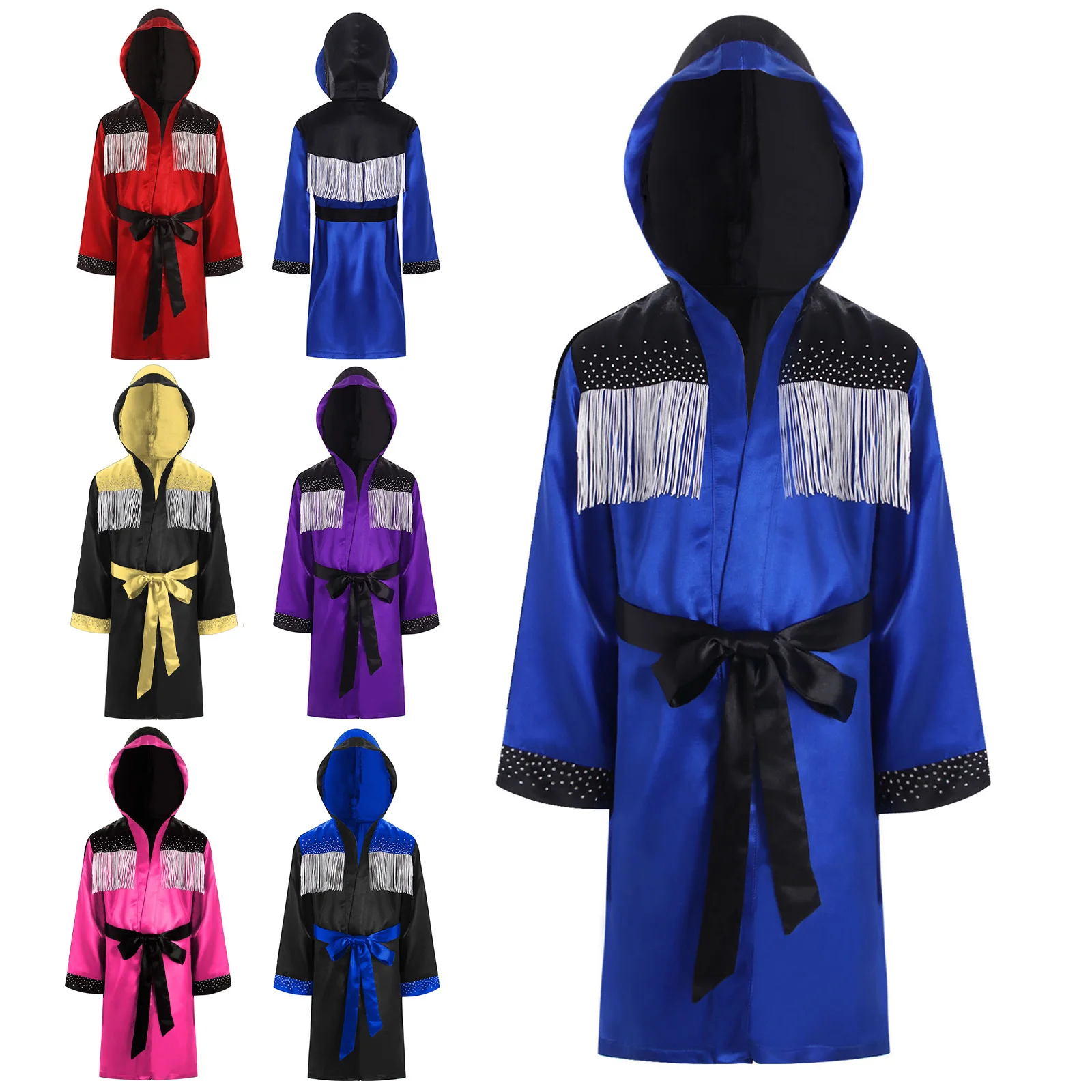 Kids Boys Girls Boxing Robe Thai Kickboxing Costume Tassel Hoodie Cloak Satin Hooded Robe with Belt for Jiu Jitsu Fighting Wear