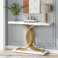Gold Entryway Table, Modern 39-Inch Console/Accent Table with Geometric Metal Legs, Faux Marble Narrow Wood Sofa Table 1