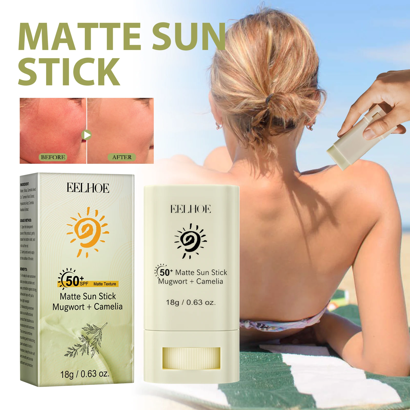 EELHOE Matte Sun Stick SPF50+ UV Protective Moisturizing Refreshing Whitening Sunstick Portable Matte Sunscreen Stick Cosmetic