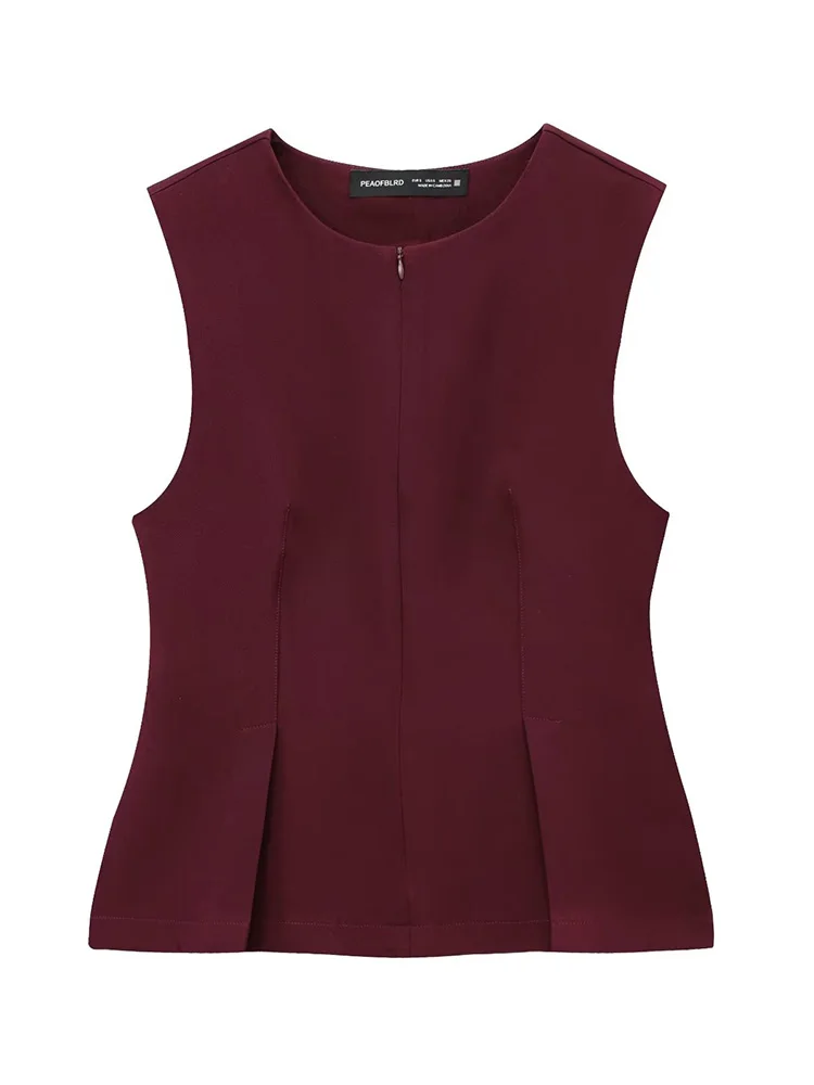 TFMLN 2025 Summer Women Solid Zipper Tops Vintage Causal Sleeveless O Neck Tank T Shirt Fashion Pleated Vest High Street Top