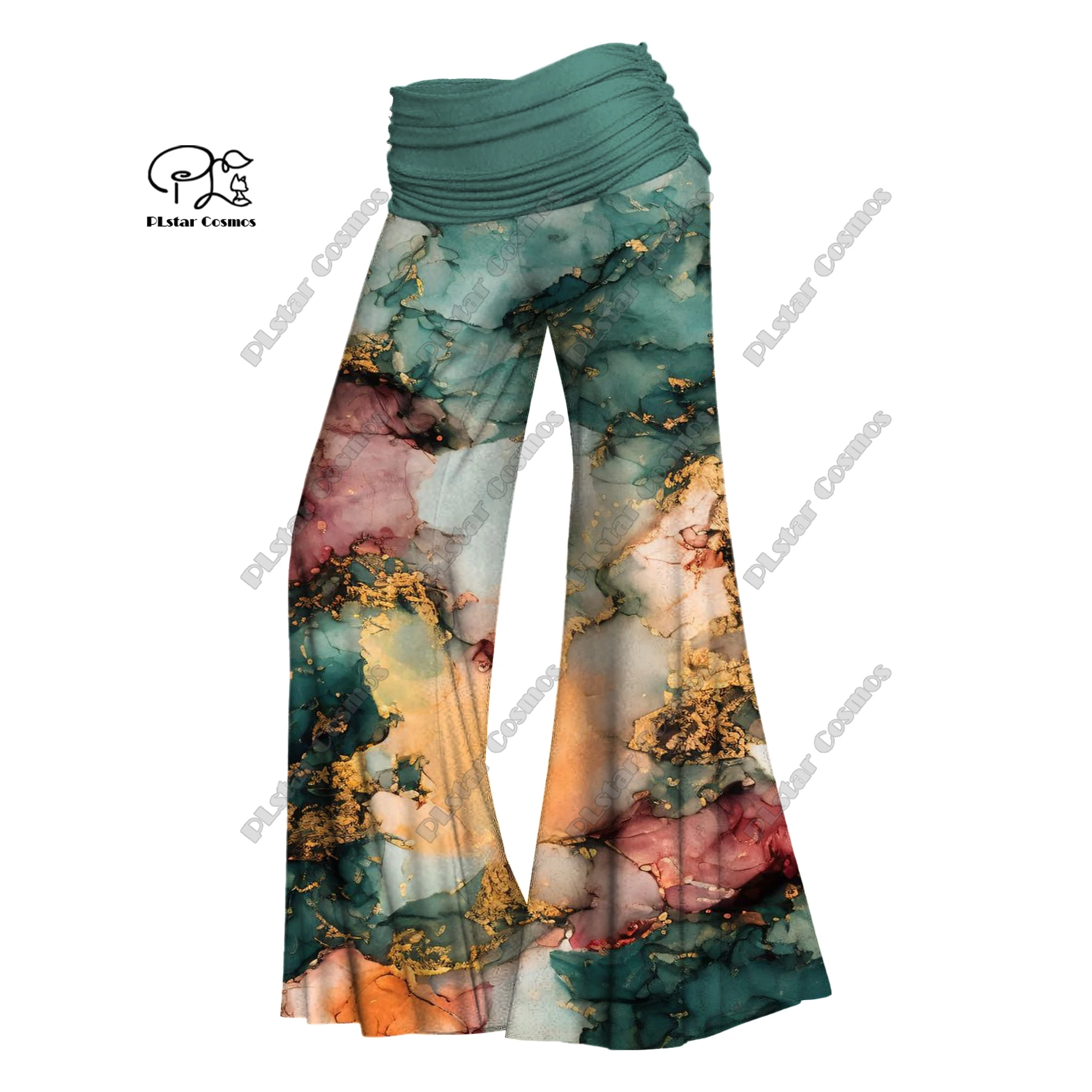 

3D printing women's colorful quicksand scenery high waist folding elastic waist wide leg pants casual gradient series J-7