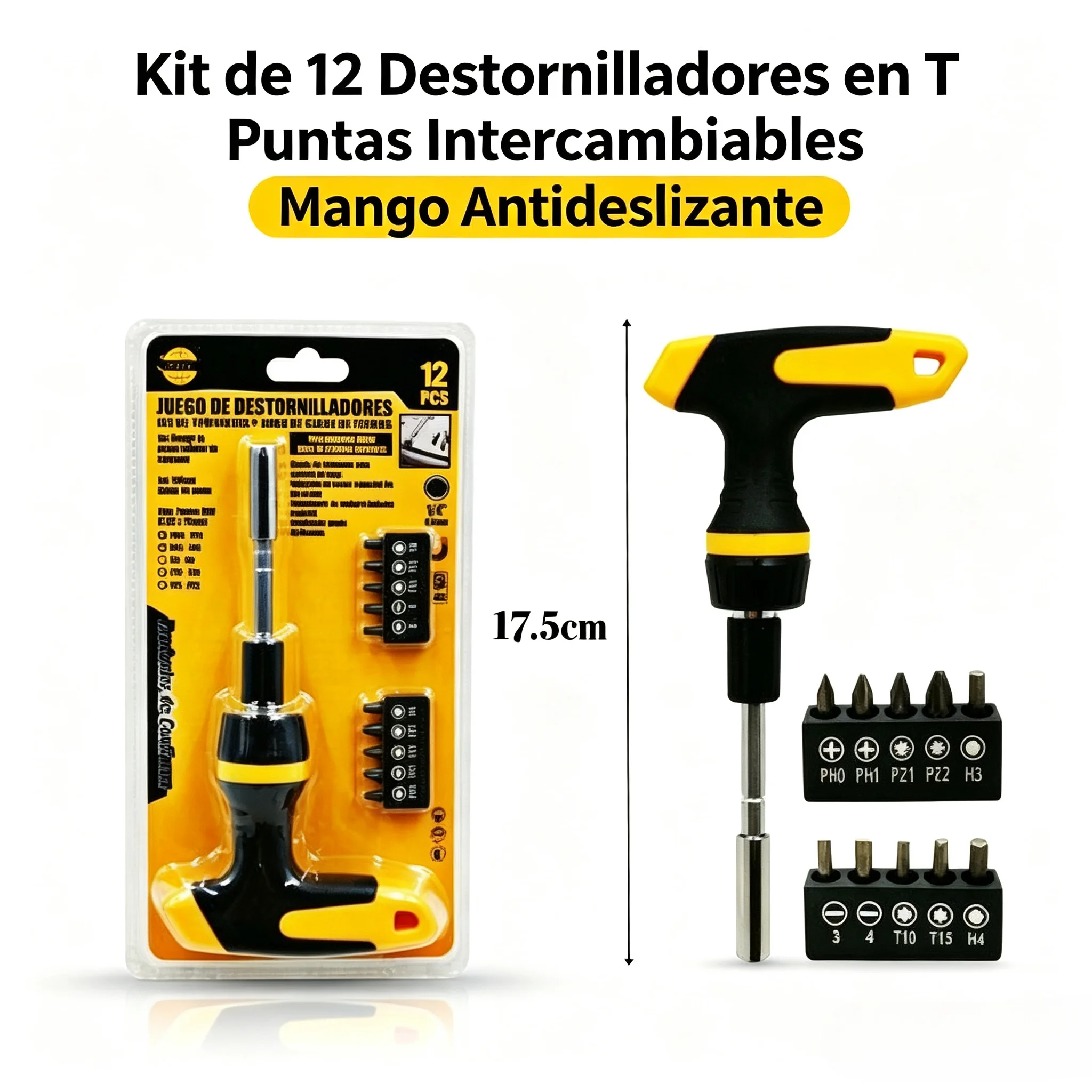 Kit de 12 Destornilladores en Forma de T 17,5cm, Juego con Puntas Intercambiables Phillips, Planas y Torx, Mango Ergonómico Antideslizante, Herramienta Manual para Bricolaje y Reparaciones del Hogar - Imagen 3