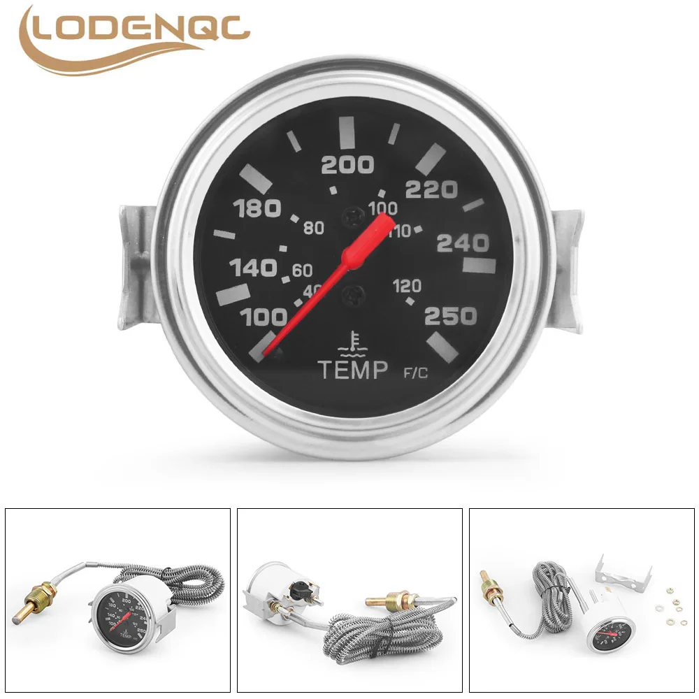 40-120 ℃ /100-250 ℉ 2인치 52MM 기계식 수온계 12V 수온 게이지 자동차 계기판 센서 포함 NPT 1/2