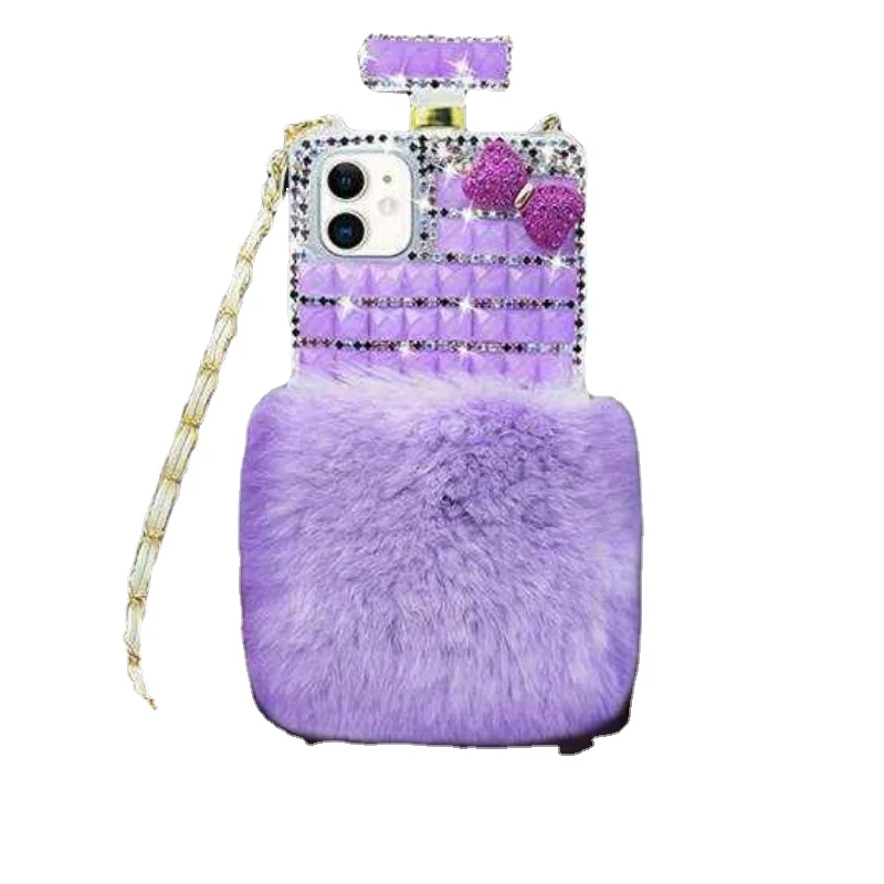 Luxury Bling Diamond Fur Perfume Bottle Cover, Mobile Phone Case for iPhone 7, 8 Plus, X Max, 11, 12, 13, 14, 15 Pro Max
