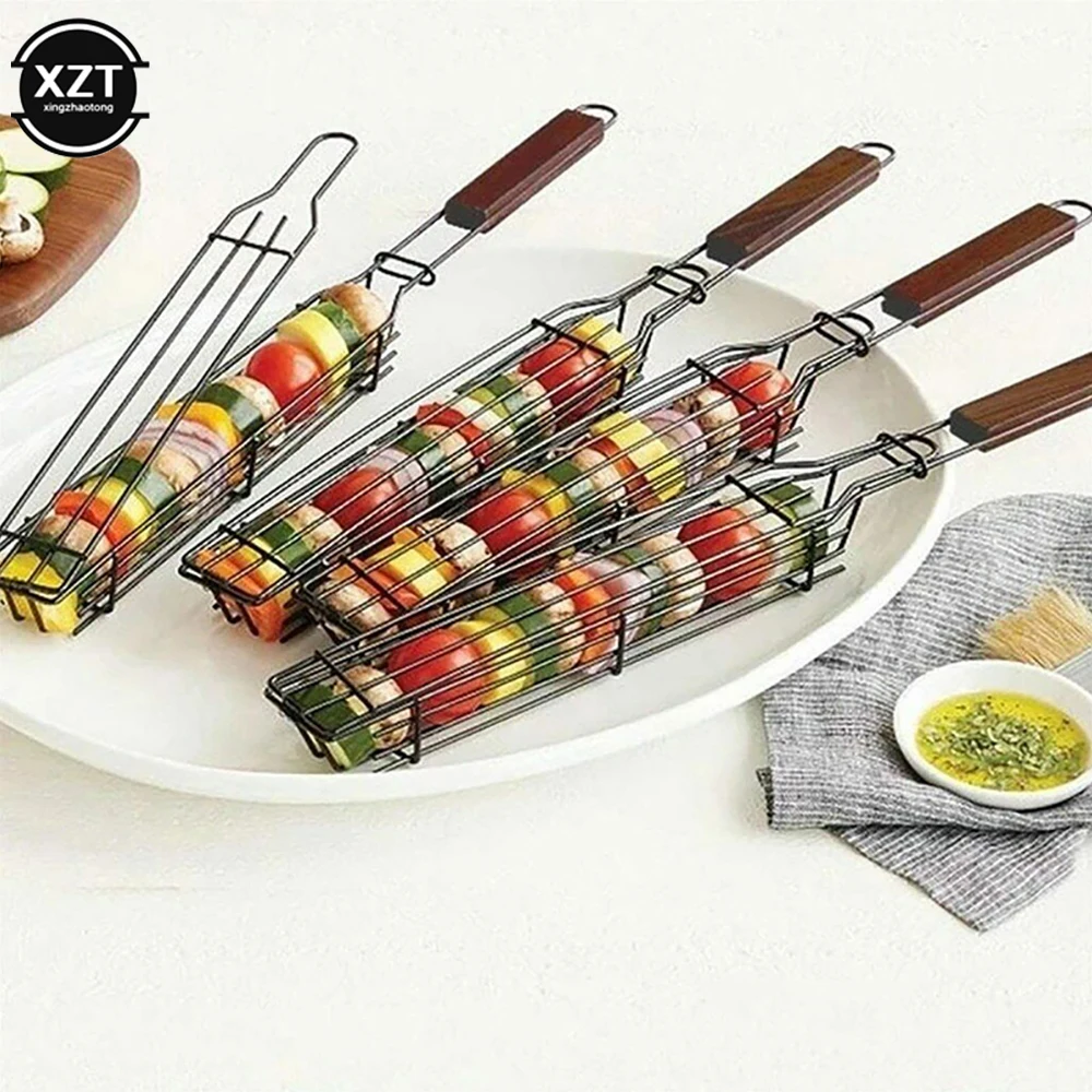 Camping Barbecue Grilling Basket Charcoal Grill Mesh Outdoors Picnic BBQ Tools Portable Stainless Steel Nonstick Roasting Meat