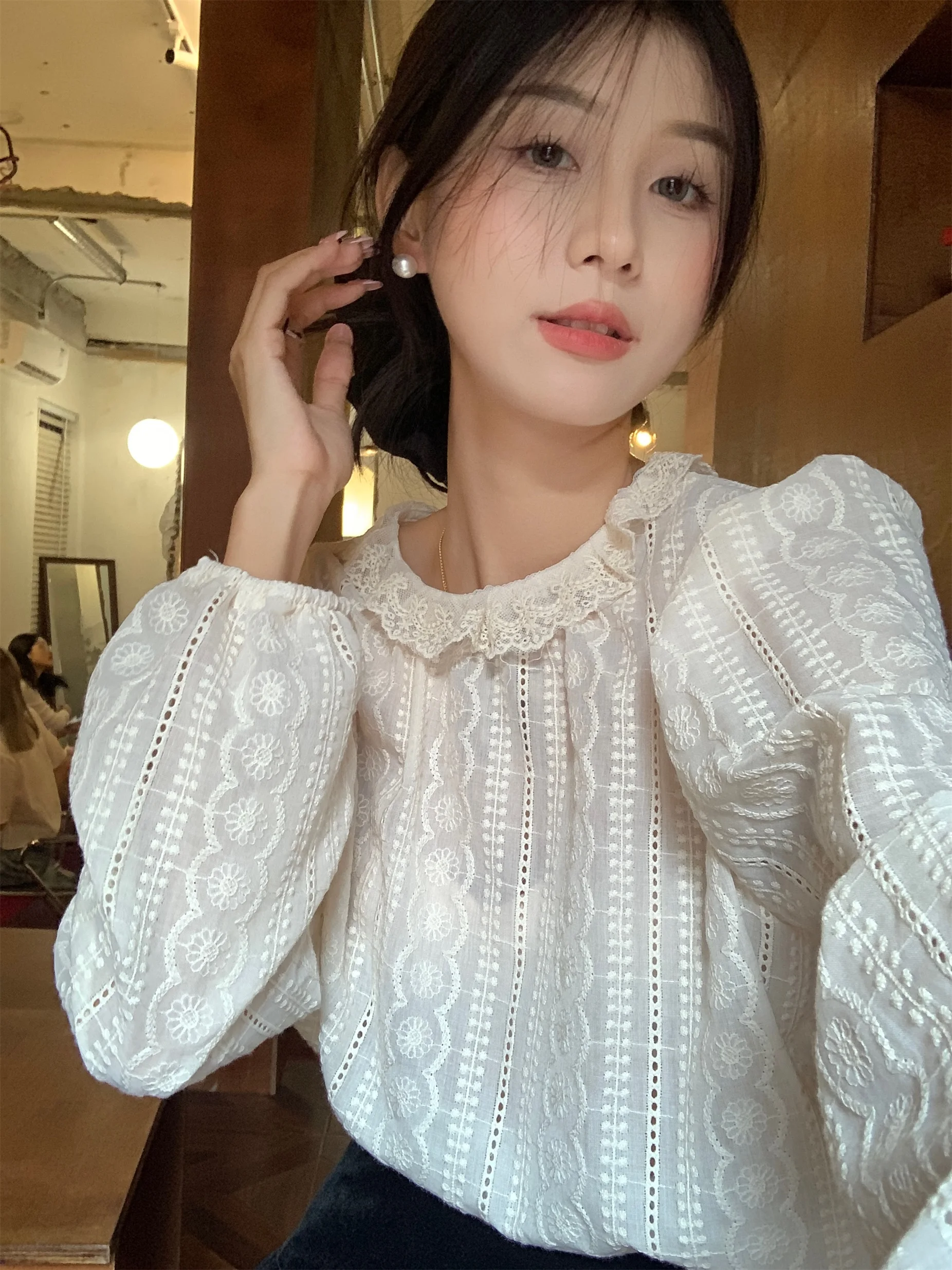 

Solid Blouse Women Temperament Korean Tops O Neck Puff Sleeve Summer Shirts 2023 Blusas De Mujer Hollow Out Lase Loose Blouses