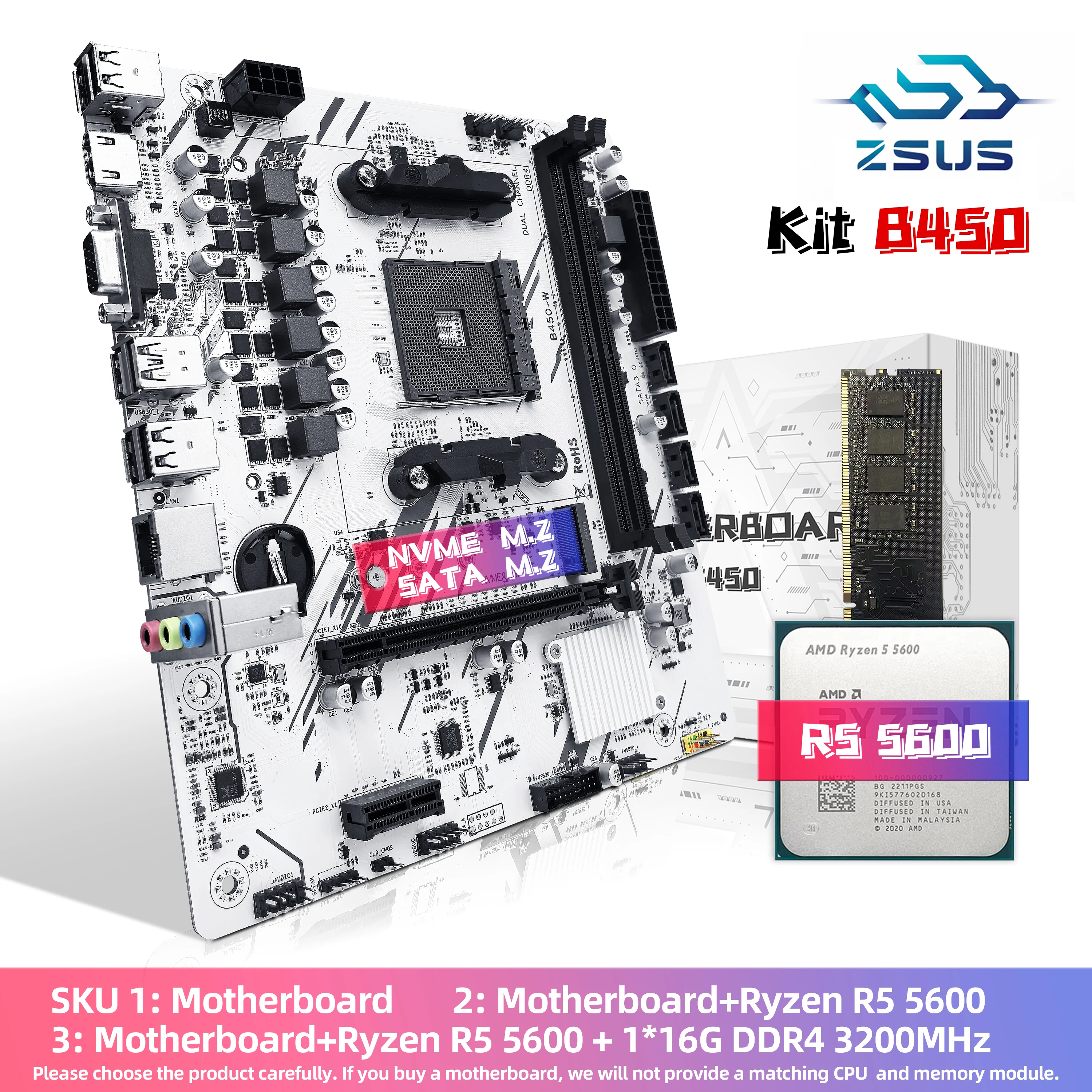 ZSUS B450 Motherboard Set Kit With Ryzen R5 5600 DDR4 1*16GB
