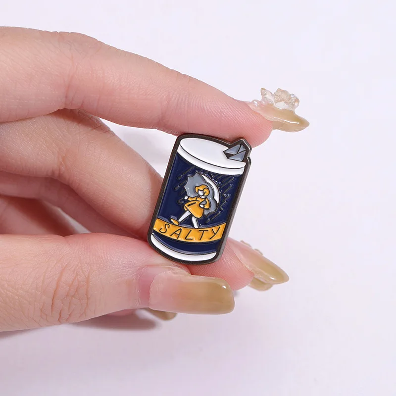 Creative Salty Can Enamel Brooch Pins Cute Anime Girl Holding Umbrella Advertisment Badge Metal Alloy Corsage Accessories Jewelr
