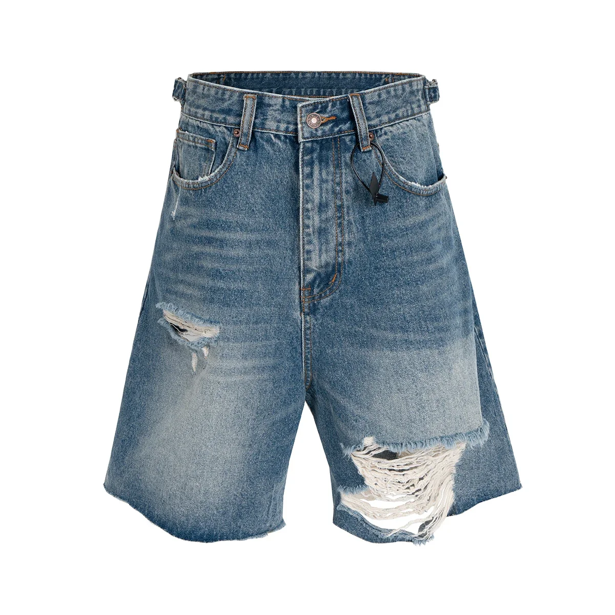 High Street Hole Washed Fringe Denim Shorts for Men Wide Leg Distressed Retro Baggy Five Point Pants Oversized Loose Jeans