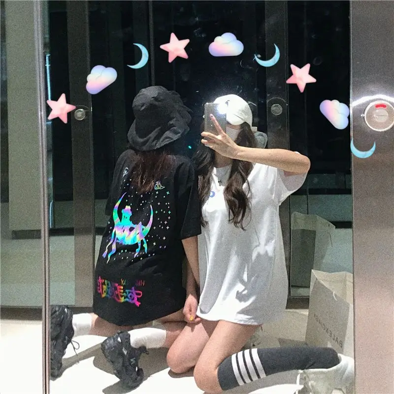 

Bishojo Warrior Cartoon Cute Kawaii Tsukino Usagi 100% Cotton Summer Girls Loose Reflective Short Sleeve Top