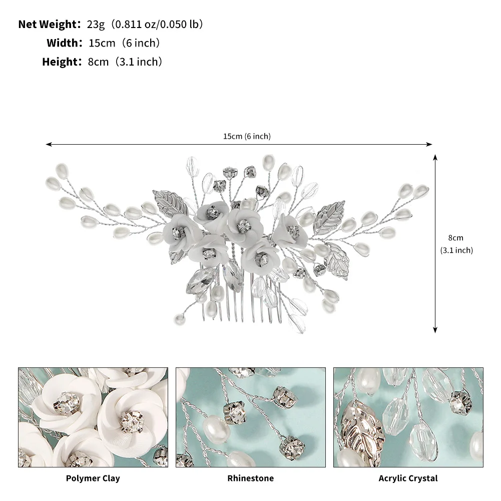 Soft Ceramic Flower Women's Hair Comb Pearl Rhinestone Daily Hair Clip Wedding Party Bridal Jewelry Headdress