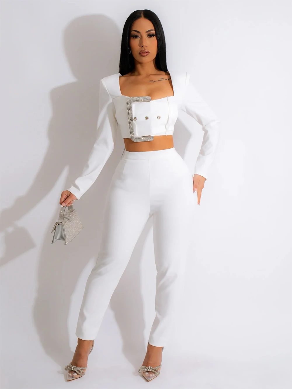 

2023 New White Office Lady Suits Diamond 2 Two Piece Women Long Sleeve Short Blazer High Waist Square Collar Long Pants Outfits