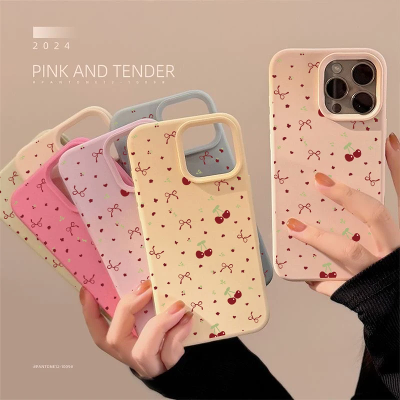 Cherry Silicone Shockproof Soft Leather Phone Case with Cute Heart and Bow Design