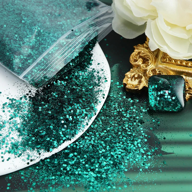 50g Emerald Dark Green Chunky Nail Glitter Mix Hexagon Ink-blue Bulk Fine Powder Decoration Accessories for Nail Polish Supplies Nail Glitter Nail Decoration Nail Decorations