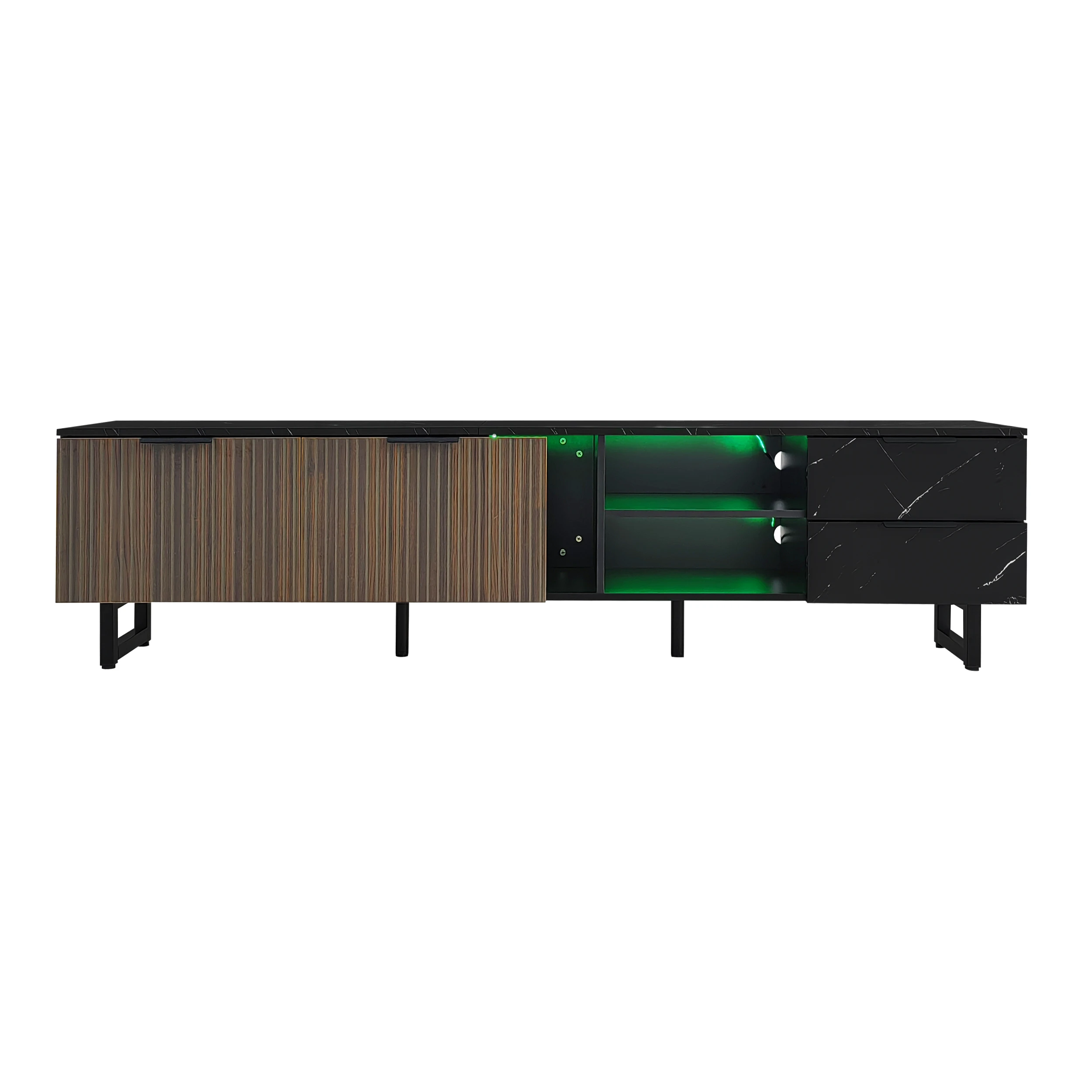200 cm TV-Schrank mit schwarzem Marmoroptik, Türen mit dunkler Holzmaserung, verstellbare LED-Beleuchtung, zwei Türen und zwei Schubladen – Detail 13
