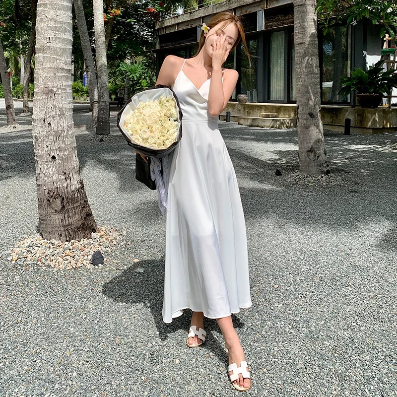 Vestido blanco con tirantes finos para mujer, vestido Sexy de