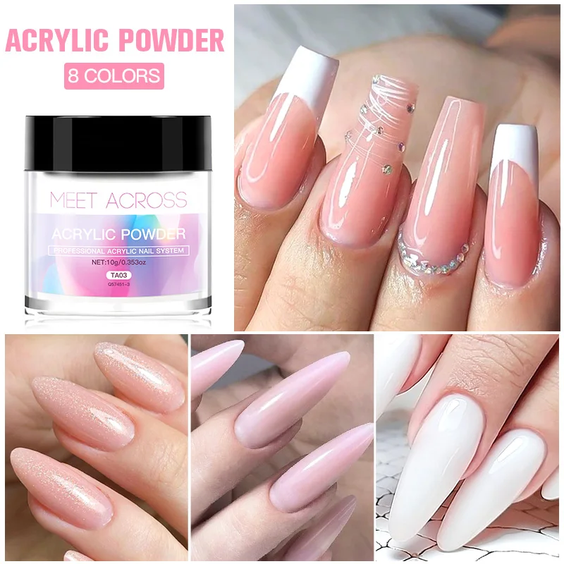 MEET ACROSS 10g Acrylic Powder Clear Pink White Nail Professional Polymer For French Nail Extension Art No Need Lamp Cure